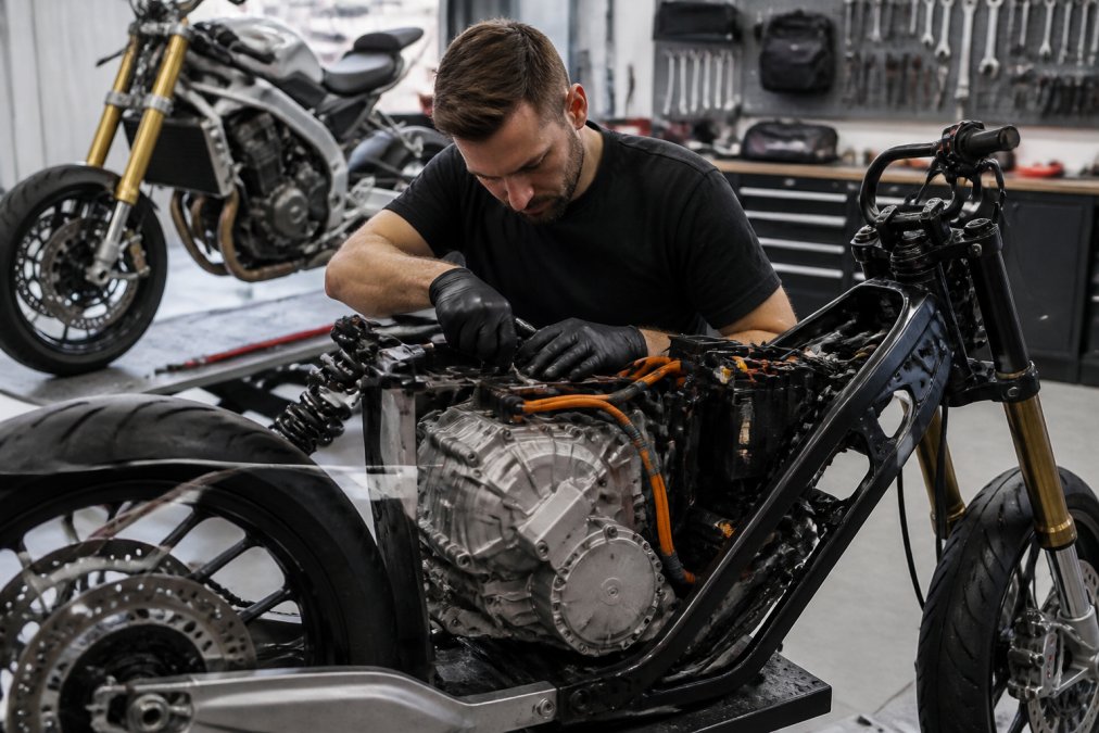 A mechanic in a clean workshop inspecting the exposed direct-drive powertrain of a modern electric motorcycle, with a gas motorcycle partially visible in the background, emphasizing the difference in mechanical complexity