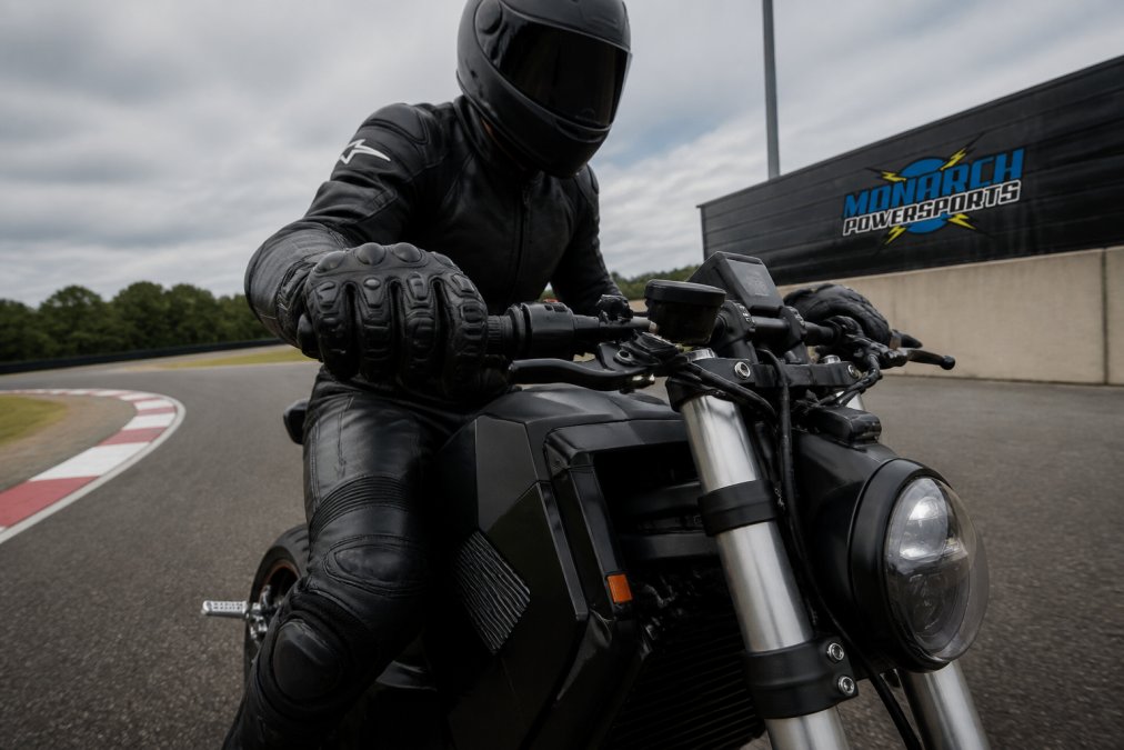 A rider in full protective gear gripping the throttle of an electric motorcycle on a private circuit, the bike's digital display glowing in the foreground under overcast daylight