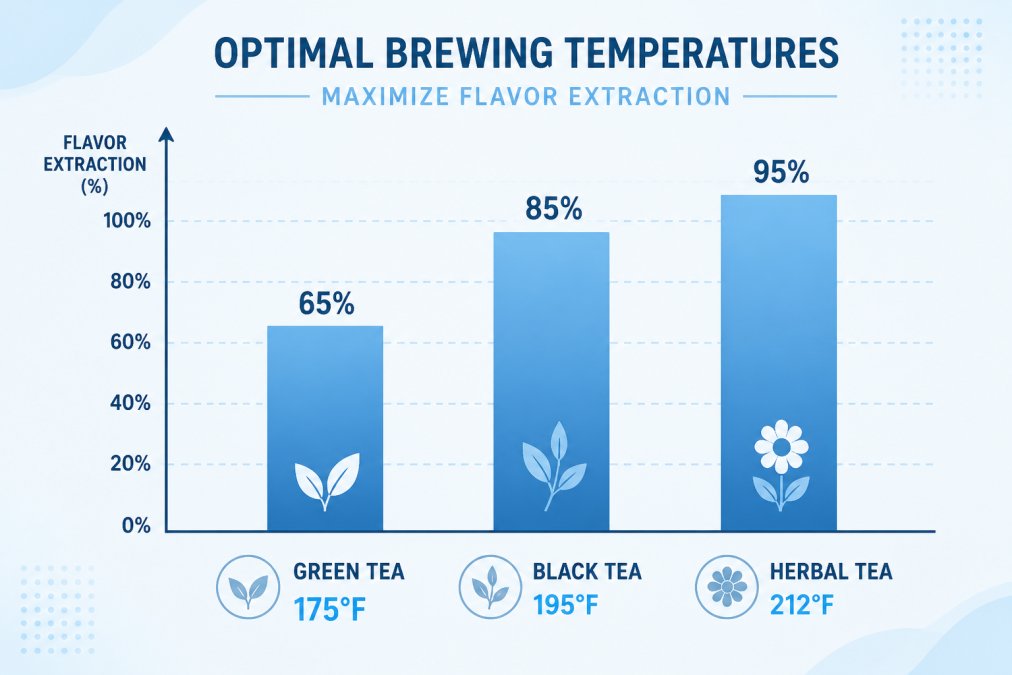 Bar chart showing optimal brewing temperatures: Green tea 175°F (flavor extraction 65%), Black tea 195°F (flavor extraction 85%), Herbal tea 212°F (flavor extraction 95%), with extraction percentage on Y-axis