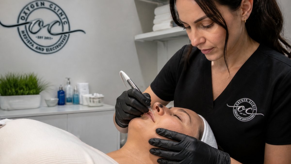 Professional electrologist performing treatment on client's chin area with fine probe, showing precise technique in clinical lighting