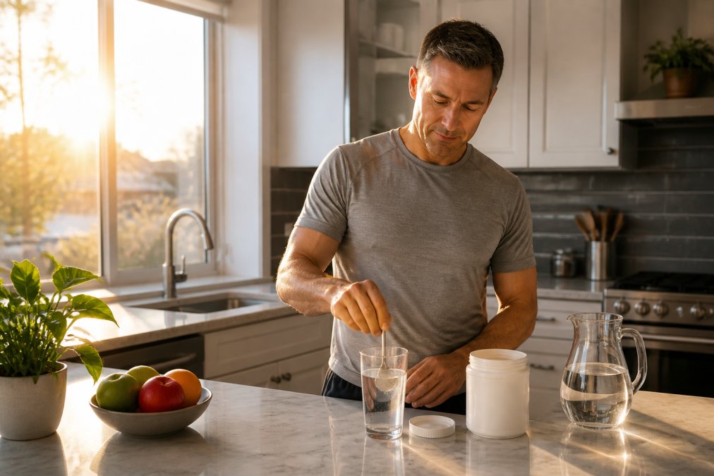 Person in a sunlit kitchen stirring a glass of water with electrolyte powder at dawn