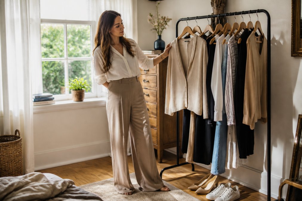 A woman in her early thirties standing in a bright, sunlit bedroom, wearing tailored wide-leg trousers and a flowy V-neck blouse, reviewing a small rack of curated clothing pieces nearby