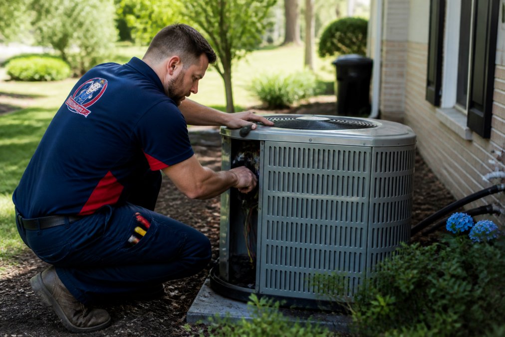 An HVAC technician in a branded uniform examining an outdoor air conditioning condenser unit in a residential backyard during a sunny day
