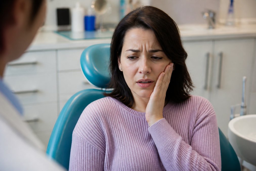 Patient holding their cheek in pain, sitting in a dental chair with a concerned expression showing visible discomfort from dental trauma, natural clinical lighting
