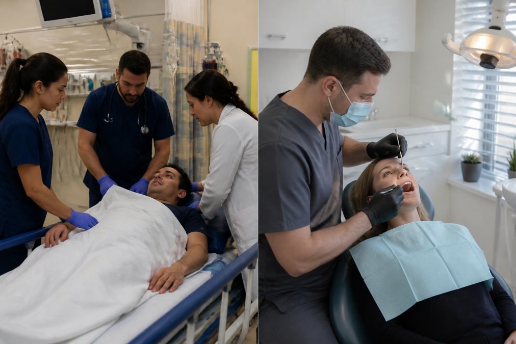 Dental professional examining a patient in a modern, well-lit emergency dental office with advanced equipment visible in the background, professional clinical setting