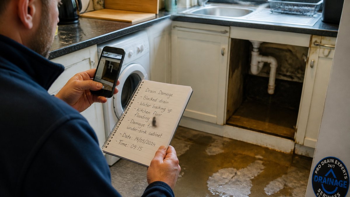 Homeowner photographing backed-up drain with smartphone, holding notebook with handwritten notes about the damage, standing in kitchen with water damage visible on floor