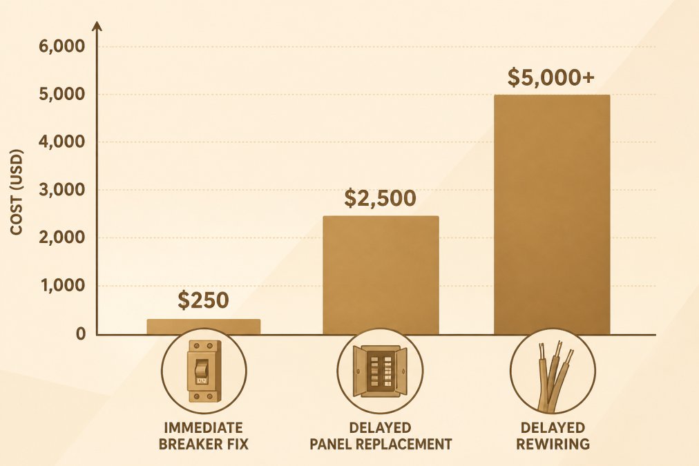 Bar chart comparing repair costs: immediate breaker fix $250 vs. delayed panel replacement $2,500, delayed rewiring $5,000+
