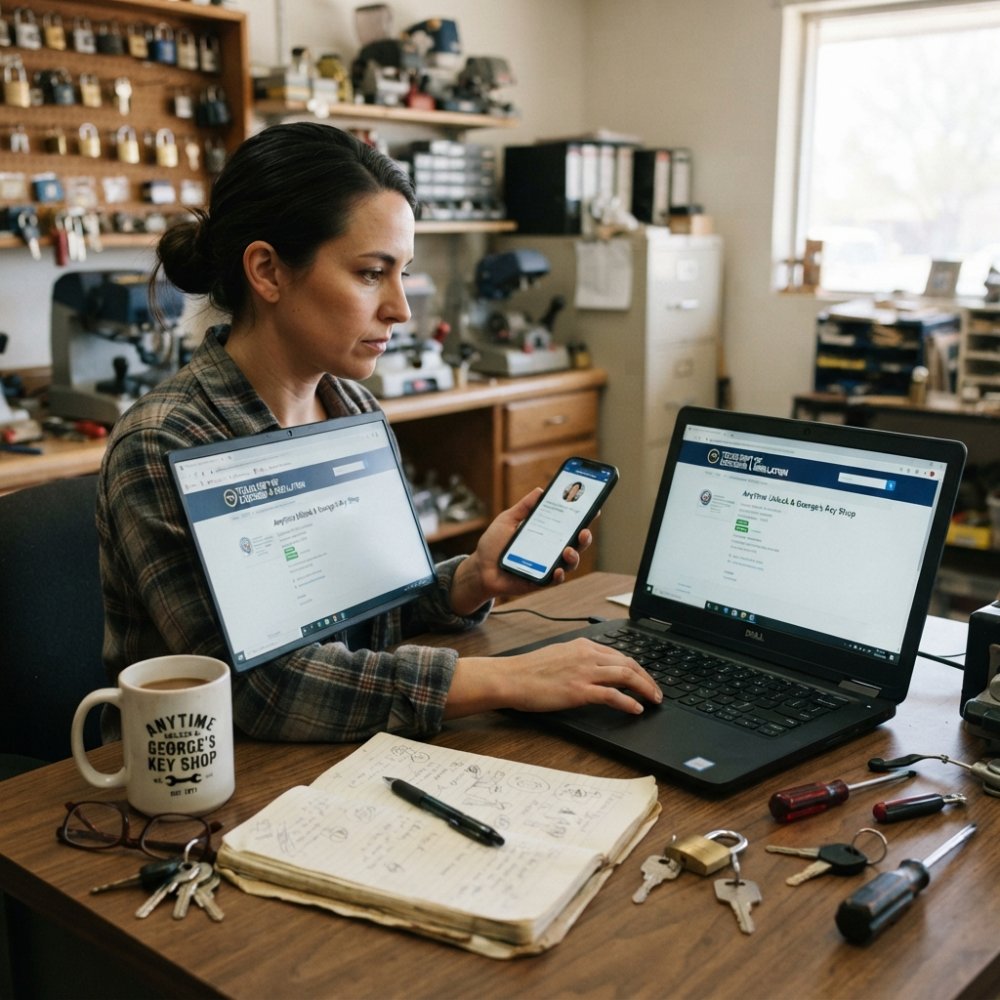 Person at a desk checking locksmith credentials on a laptop to decide if emergency locksmith service is worth the cost