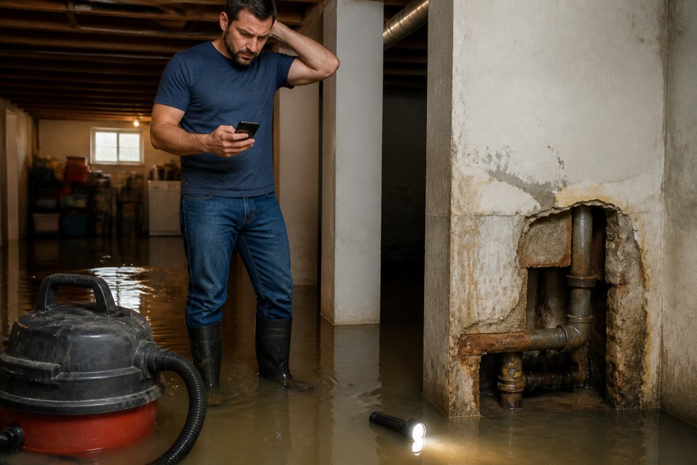Homeowner assessing flood damage from a burst pipe while calling for emergency plumbing services in a basement.