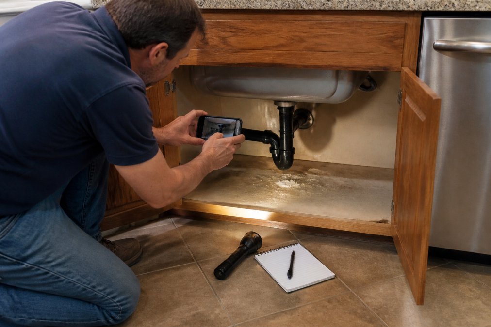 A homeowner in casual clothes kneeling beside a kitchen sink cabinet, taking a smartphone photo of water stains and a leaking pipe underneath, with a flashlight and notepad on the floor nearby
