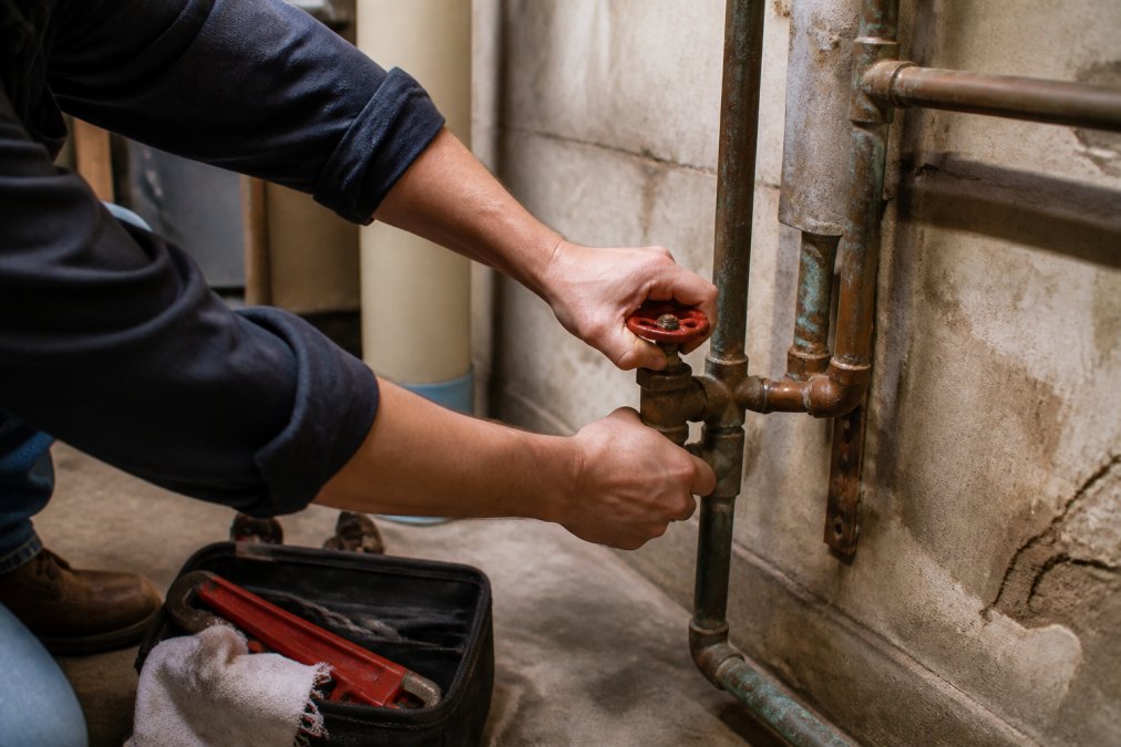 Homeowner's hands gripping and turning the main water shut-off valve in a basement utility area, with water pipes visible in the background and natural basement lighting
