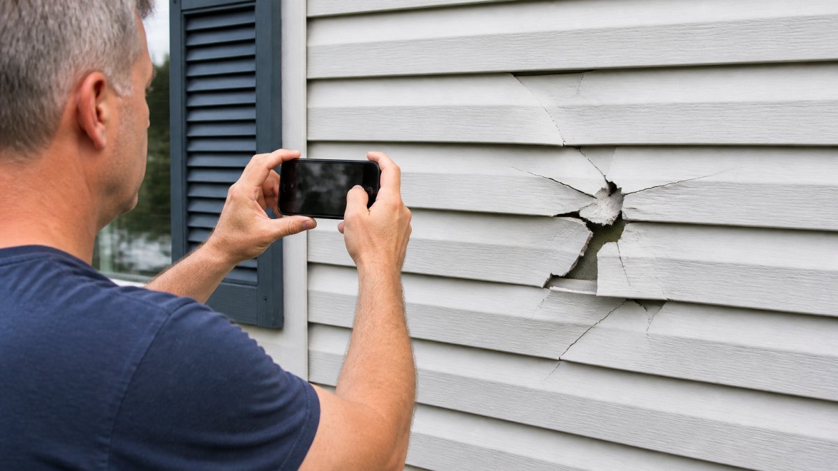 Homeowner photographing damaged vinyl siding with a smartphone, showing close-up of cracks and impact damage on house exterior in daylight