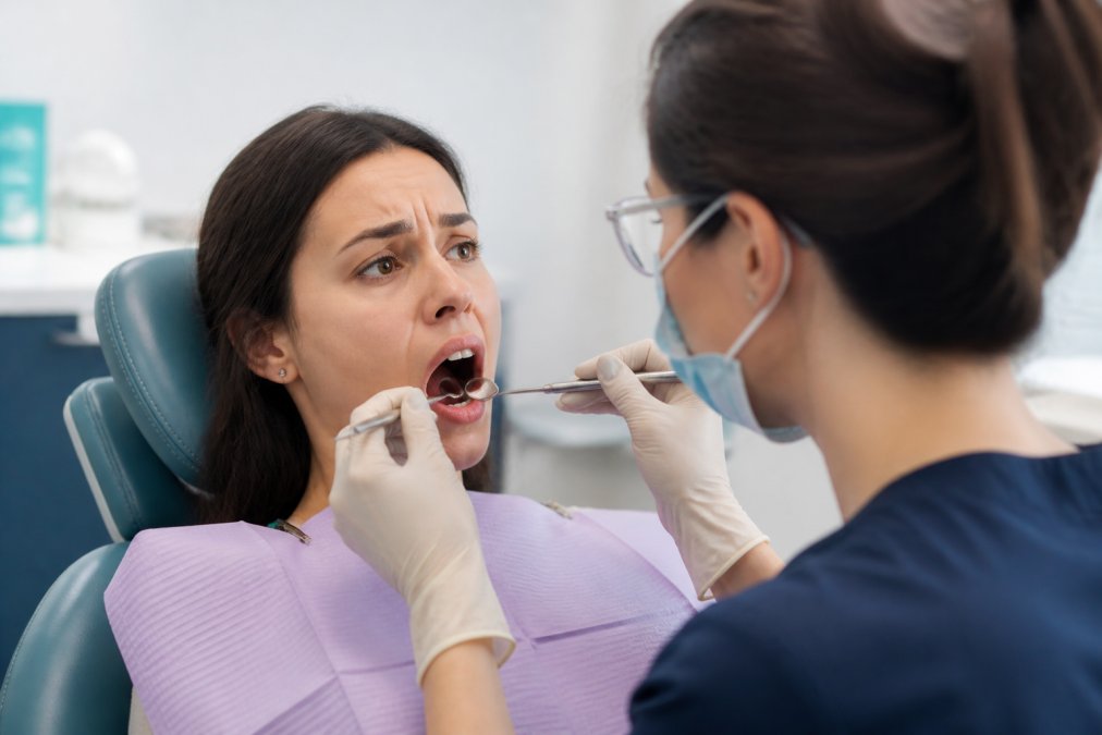 Patient in dental chair consulting with dentist about tooth pain, showing concerned expression while dentist examines mouth with instruments