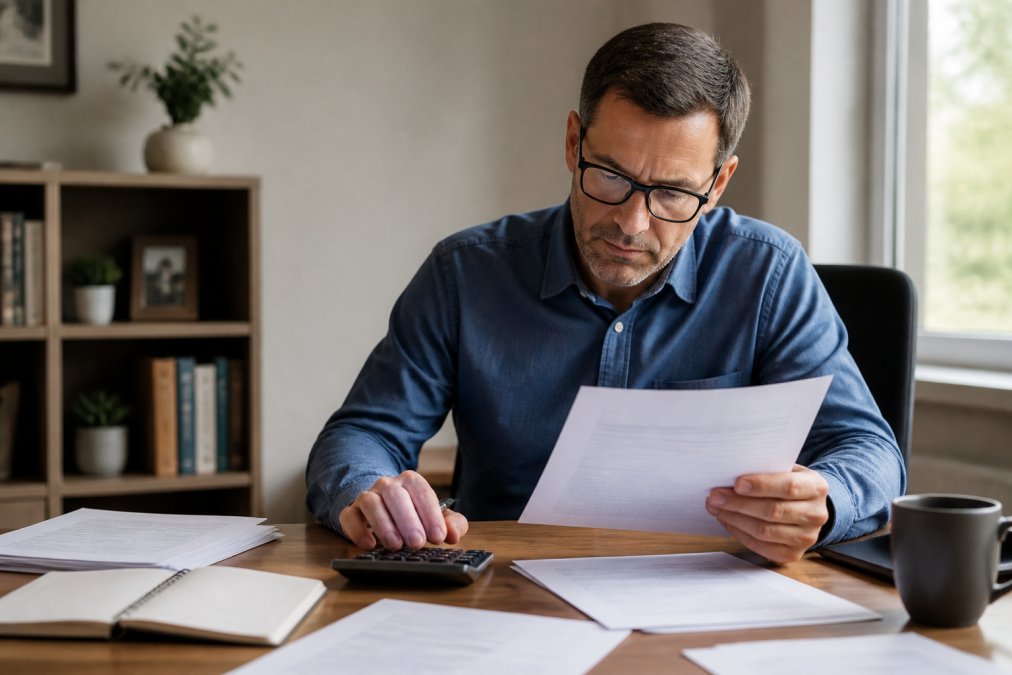 Professional sitting at desk with financial documents, calculator, and insurance policy papers, reviewing budget and coverage needs with focused expression in natural office lighting