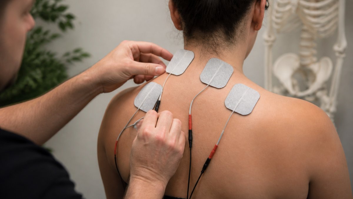 Professional demonstrating proper EMS electrode placement on the back of the neck and trapezius muscle with anatomical precision in clinical setting with natural lighting