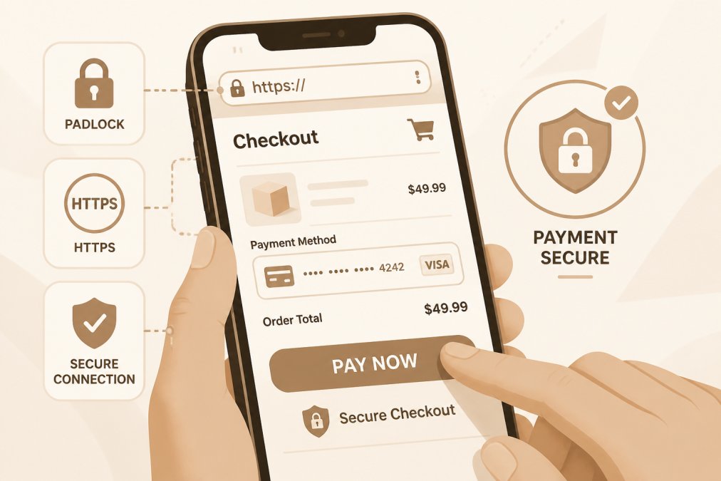 Close-up of a smartphone screen displaying a checkout page with a padlock icon visible in the browser address bar and HTTPS protocol shown, hands positioned near the payment button with a secure payment confirmation message displayed on the screen