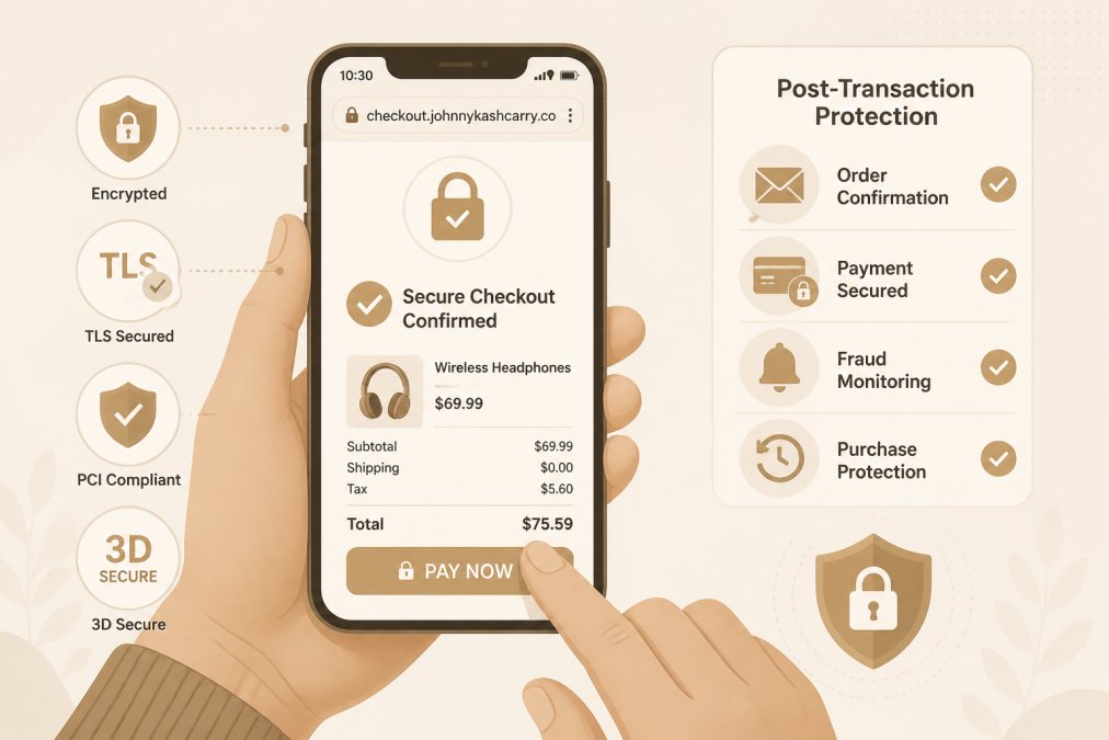 Person using a smartphone to complete a purchase with a confirmation screen displaying security indicators and a padlock icon visible in the mobile browser address bar, hands positioned over the payment button with a secure checkout confirmation message on the device screen