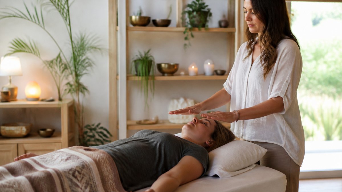 A calm practitioner resting hands gently above a client's shoulders on a massage table in a softly lit studio, warm neutral tones, relaxed atmosphere