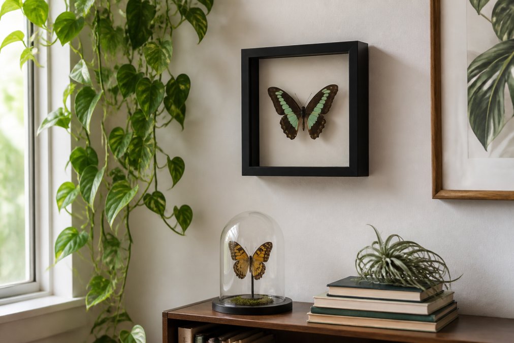 A styled corner of a small apartment with a black shadowbox frame holding a preserved butterfly on a pale wall, a small glass dome with a butterfly on a wooden shelf below, a trailing plant and a stack of books beside it, soft natural window light