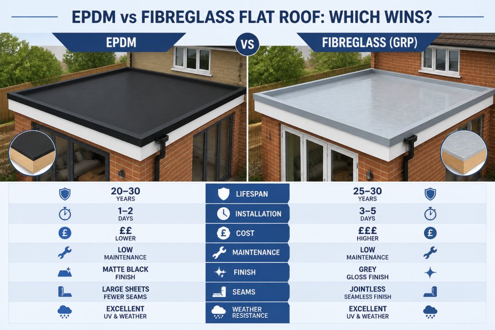 A side-by-side comparison of a black EPDM rubber membrane roof and a grey fibreglass GRP flat roof on two adjacent residential extensions