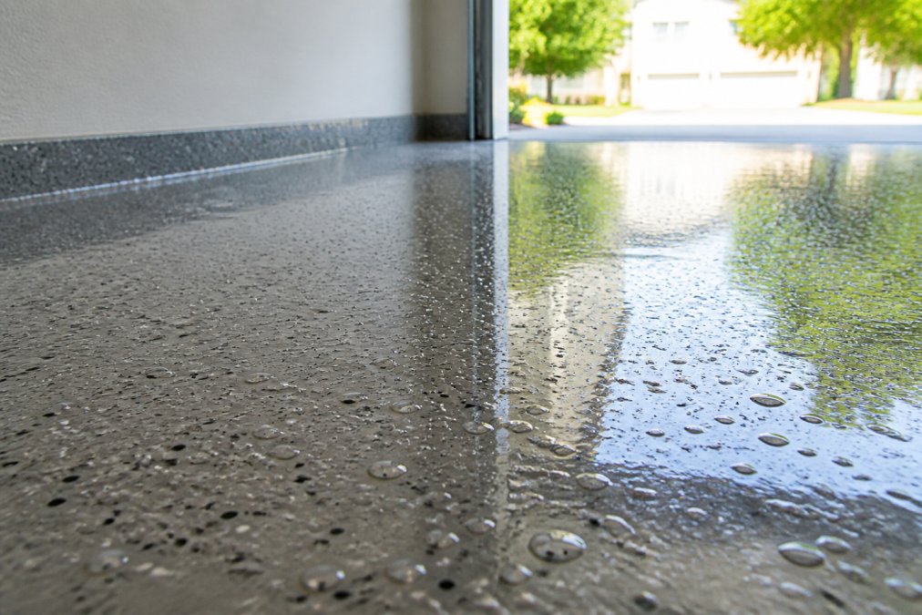 Close-up of a wet epoxy floor surface with water beads forming on the glossy finish, showing moisture accumulation and reflective sheen under natural light