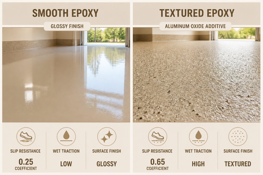 Side-by-side comparison showing a smooth glossy epoxy floor surface next to a textured epoxy floor with visible aluminum oxide grit particles embedded in the finish, photographed in natural daylight