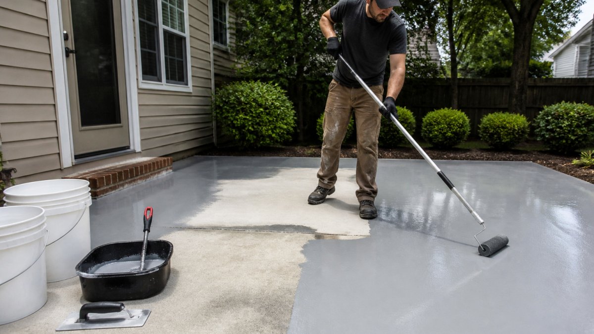 A contractor in work clothes and gloves rolling epoxy coating onto a prepared concrete patio slab with a long-handled roller, buckets and mixing tools nearby, bright outdoor daylight