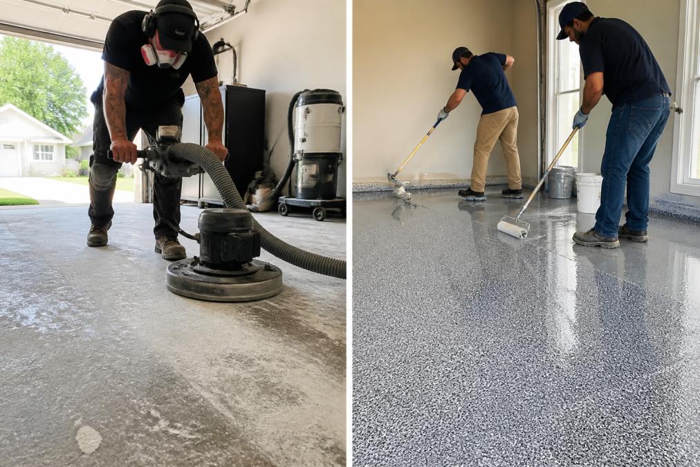 A professional installer applying epoxy coating to a garage floor using specialized diamond grinding equipment, showing proper surface preparation technique with dust collection system