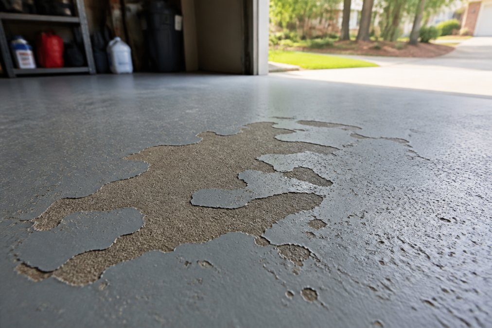 Diagram illustrating common failure points that cause epoxy garage flooring to peel and flake off concrete.