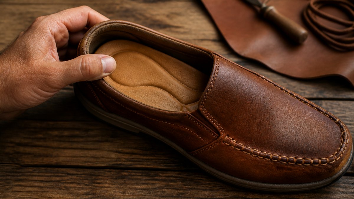 Diagram showing the structural components of a cushioned leather shoe for optimal arch support and foot alignment