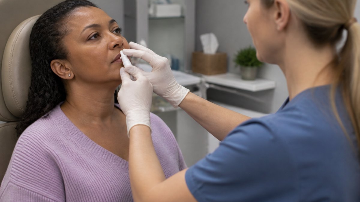 Healthcare professional administering esketamine nasal spray to patient in calm clinical treatment room with supportive monitoring equipment visible