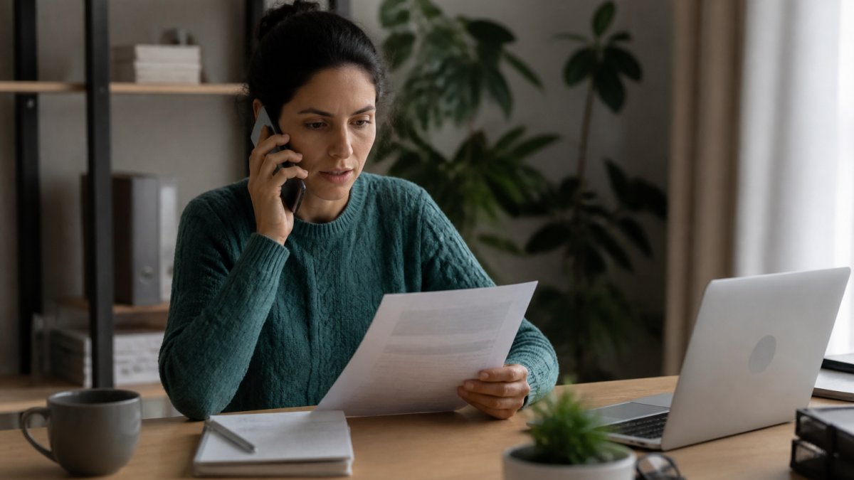A patient sitting at a desk with a laptop and a printed insurance benefits summary, talking on the phone with a pen and notepad nearby
