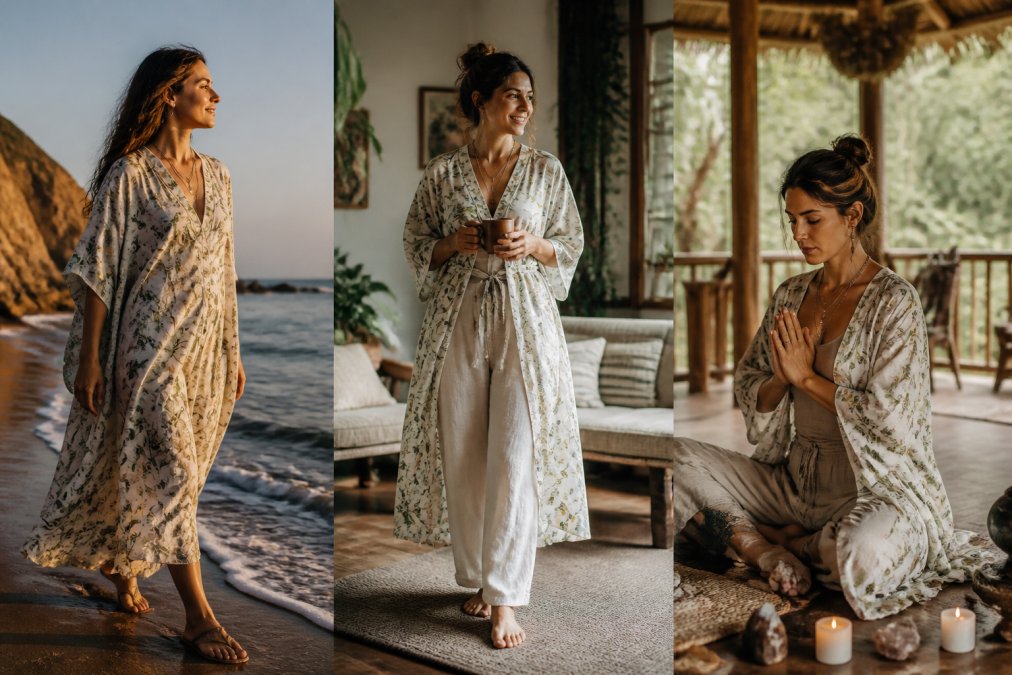 Woman wearing a versatile hand block-printed organic cotton kaftan styled three ways: draped for beach resort wear with sandals, belted casually at home with neutral linen pants, and layered as a cover-up over spiritual retreat attire