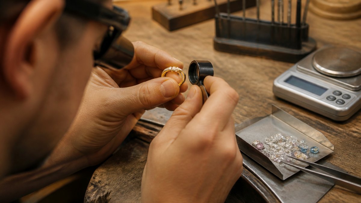 Close-up of a jeweler's hands examining a gold ring with a loupe under warm workshop lighting, with loose gemstones and a small scale visible on the bench