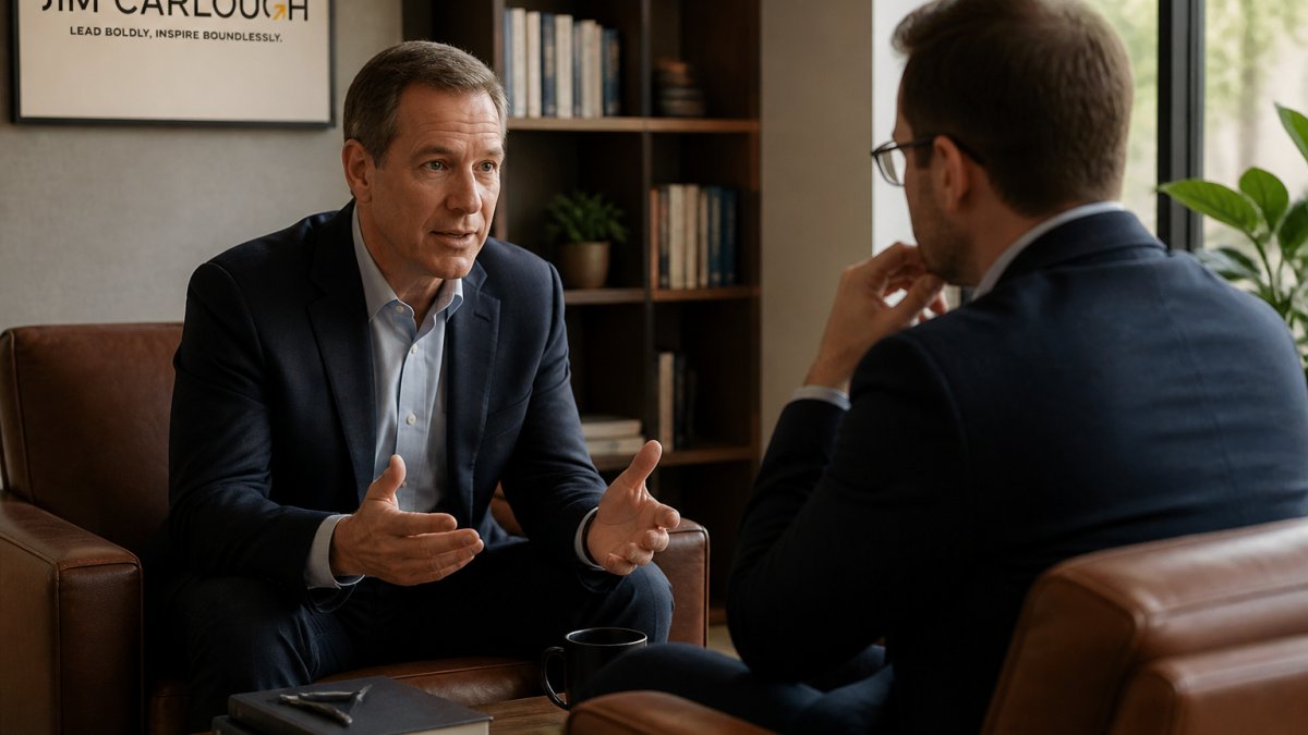 Senior leader in focused one-on-one coaching conversation with professional mentor in modern office setting, seated across from each other in thoughtful discussion