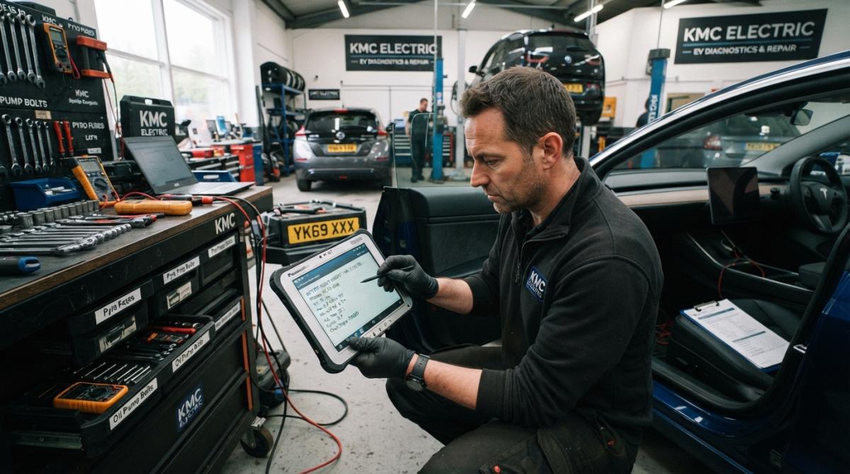 Technician using diagnostic scanner connected to electric vehicle battery management system in modern garage workshop, with technical readout visible on diagnostic screen