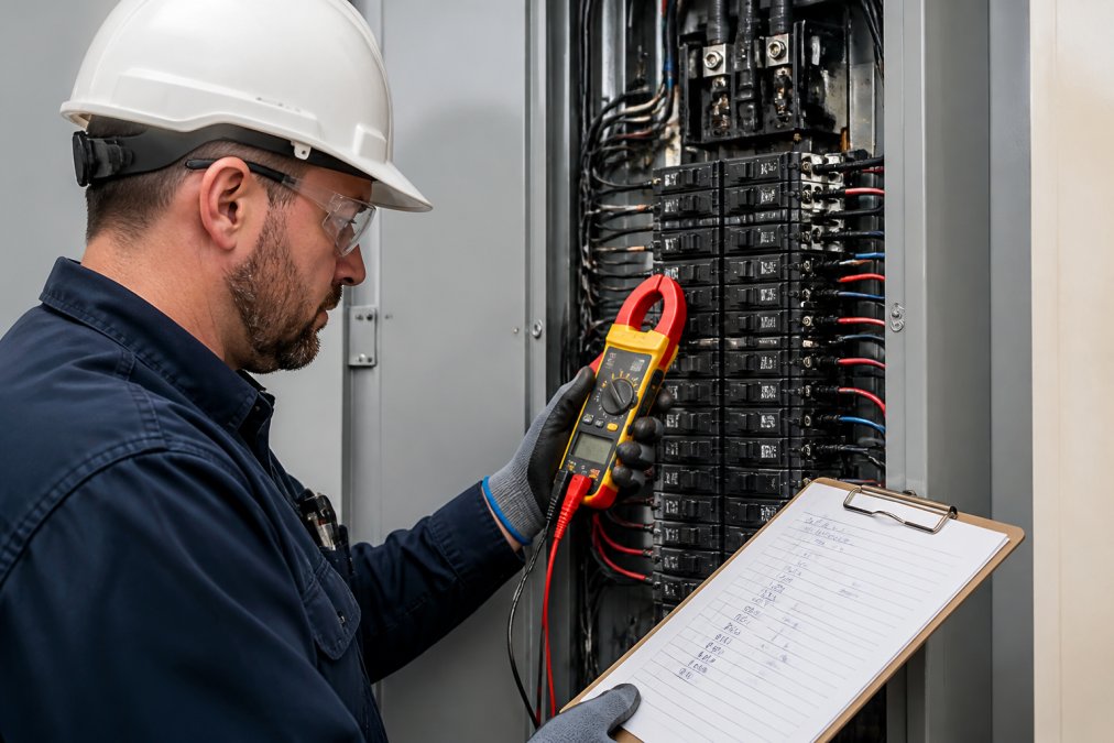 Licensed electrician in safety glasses using a clamp meter to measure electrical load on a main service panel, with circuit breakers visible and load calculation notes on a clipboard