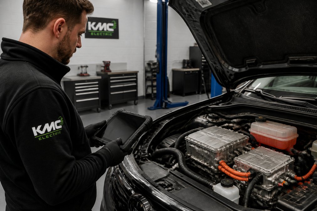 A close-up photograph of a technician's hands using a diagnostic tablet next to an open electric vehicle bonnet, with coolant hoses and a bright workshop background in Kettering