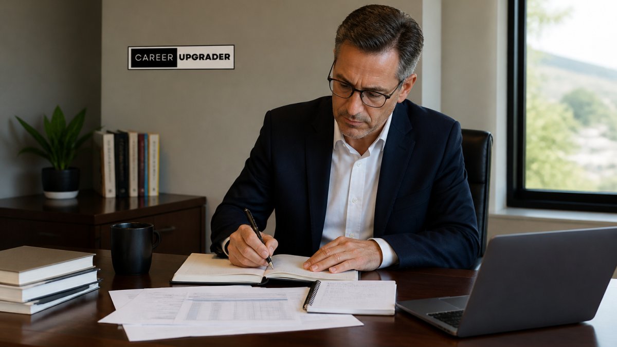 A senior executive at a desk reviewing a notebook and laptop, writing out figures with a pen, in a quiet corner office with natural light