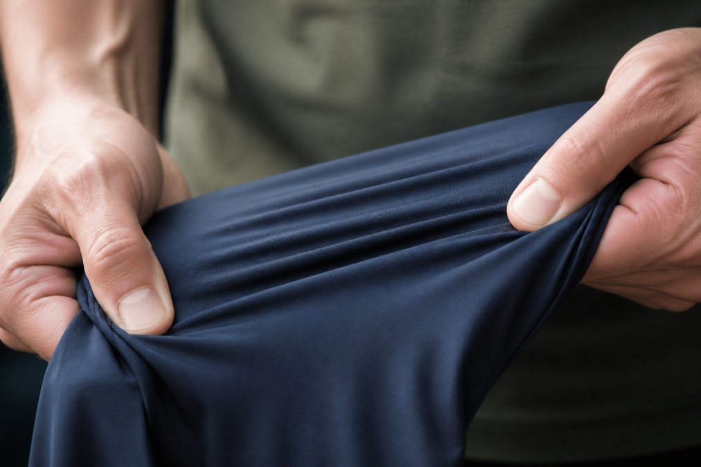 Close-up of hands stretching premium athletic fabric showing the weave structure and four-way stretch capability, with natural lighting highlighting the textile engineering