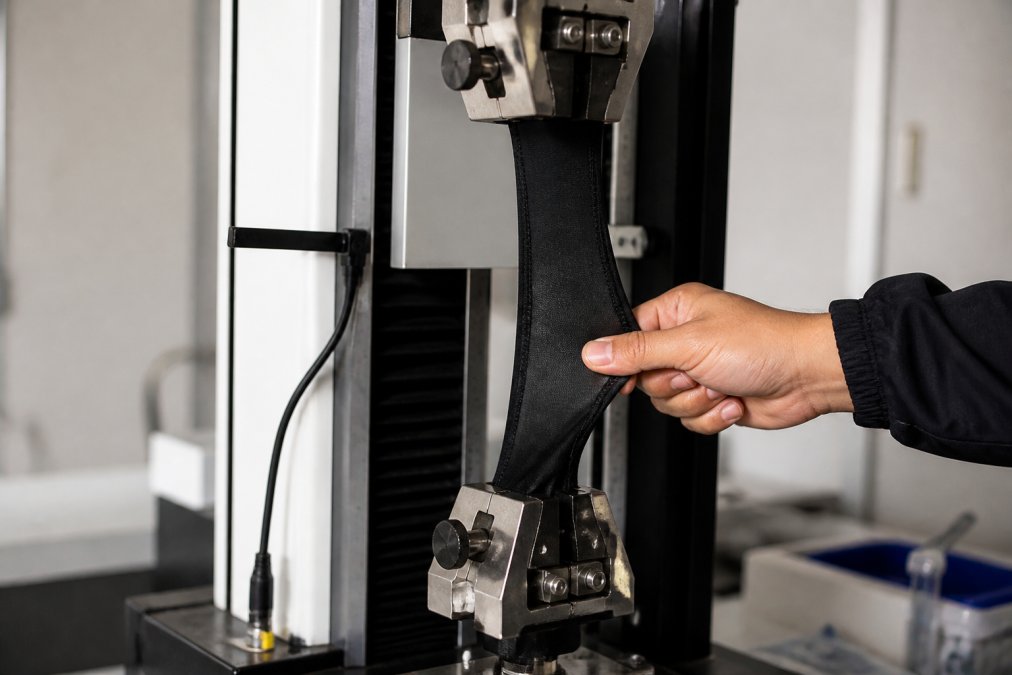 Close-up of athletic wear fabric being stretched and tested, showing seam integrity and elasticity retention under tension in a laboratory setting