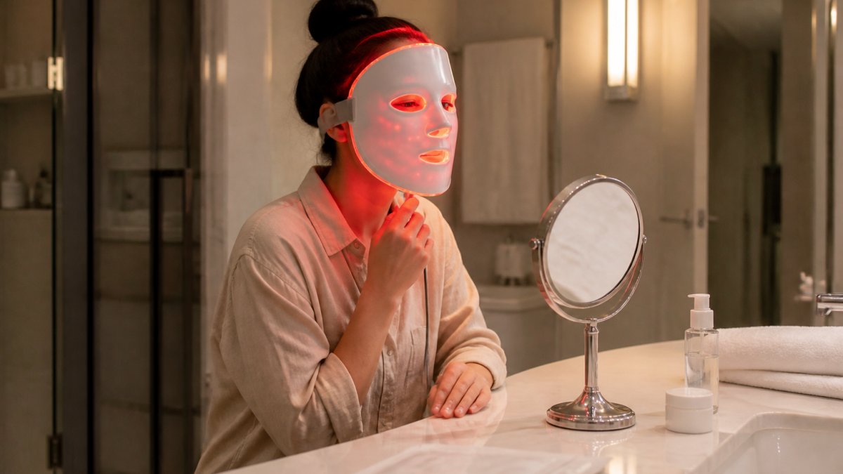 A young professional woman in a bright bathroom wearing a red LED face mask during her evening skincare routine, small vanity mirror and minimalist products on the counter, warm overhead lighting