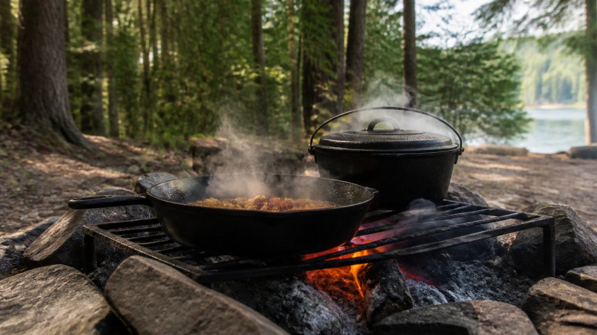 Professional cast iron skillet and Dutch oven sitting on glowing coals over an open campfire with steam rising, forest backdrop