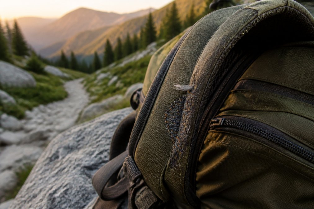 Close-up of a weathered backpack strap and zipper showing abrasion and repair stitching, resting on a granite boulder beside a mountain trail at golden hour