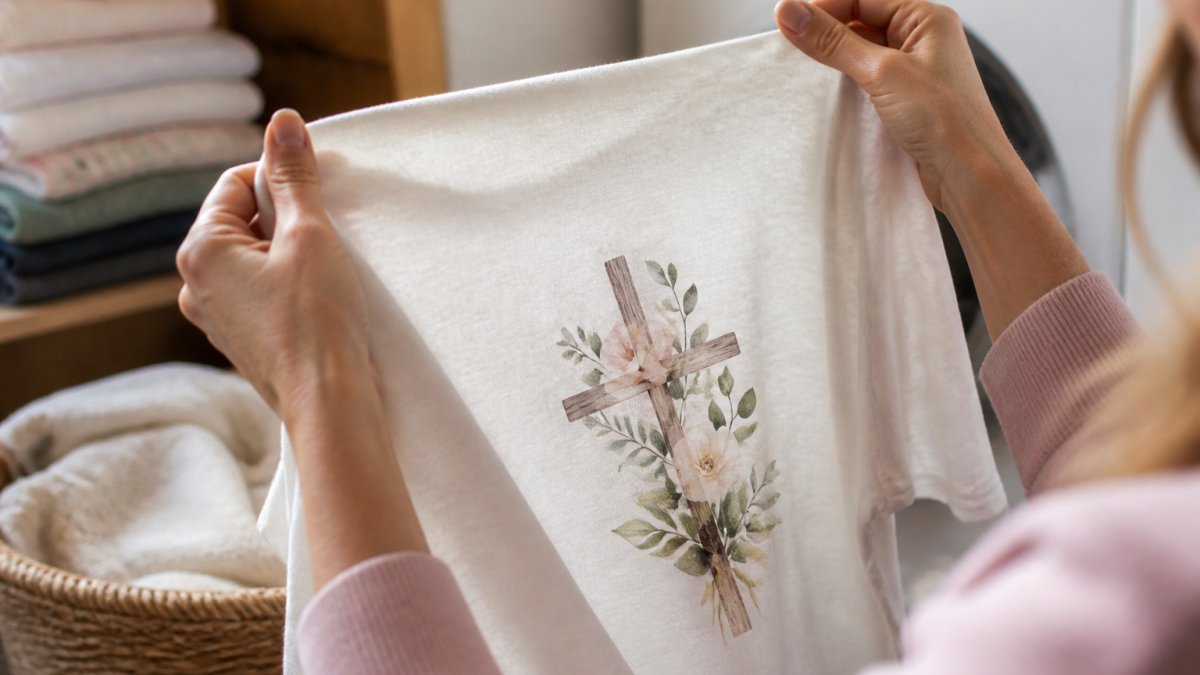 Close-up of a woman's hands holding a soft cotton Christian graphic tee up to the light, showing fabric texture and a clean printed design, with a laundry basket and folded clothes softly blurred in the background of a cozy home laundry room