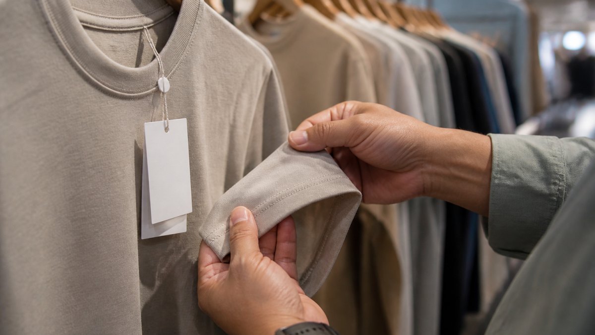 Close-up of hands examining the stitching and hem of a cotton t-shirt in a well-lit clothing store, tags visible
