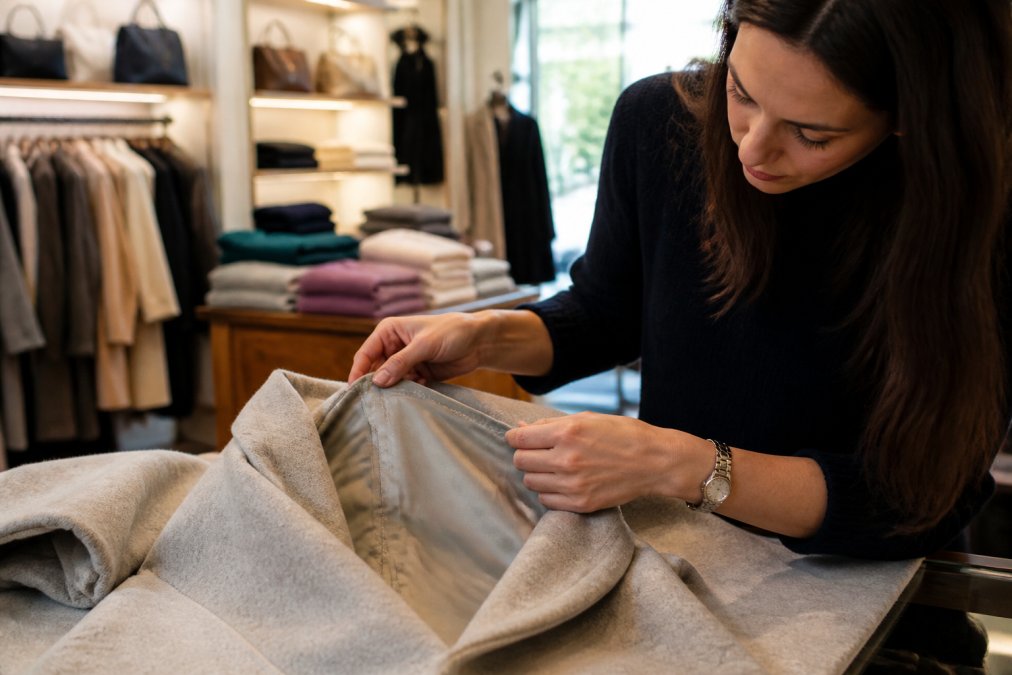 Close-up of a woman's hands examining the inside seam and stitching of a wool coat in a bright clothing boutique