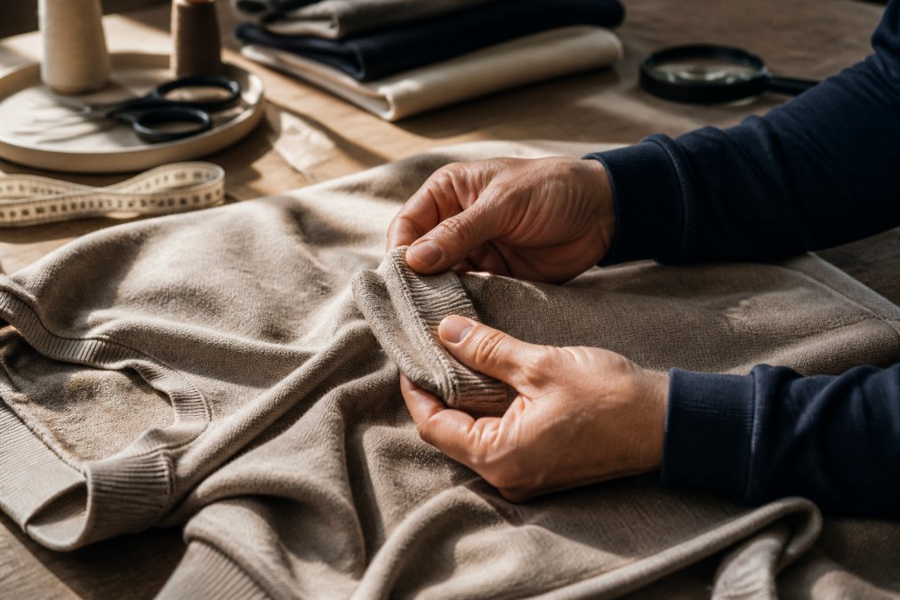 Close-up of hands examining fabric texture, seams, and stitching detail on a premium garment laid flat on a work surface with natural window lighting