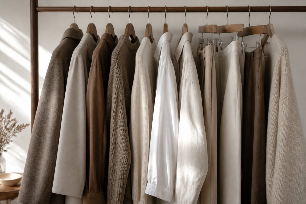 Minimalist wardrobe display showing neutral, timeless clothing pieces in coordinated earth tones and textures hanging on wooden hangers against a soft white wall with natural morning light