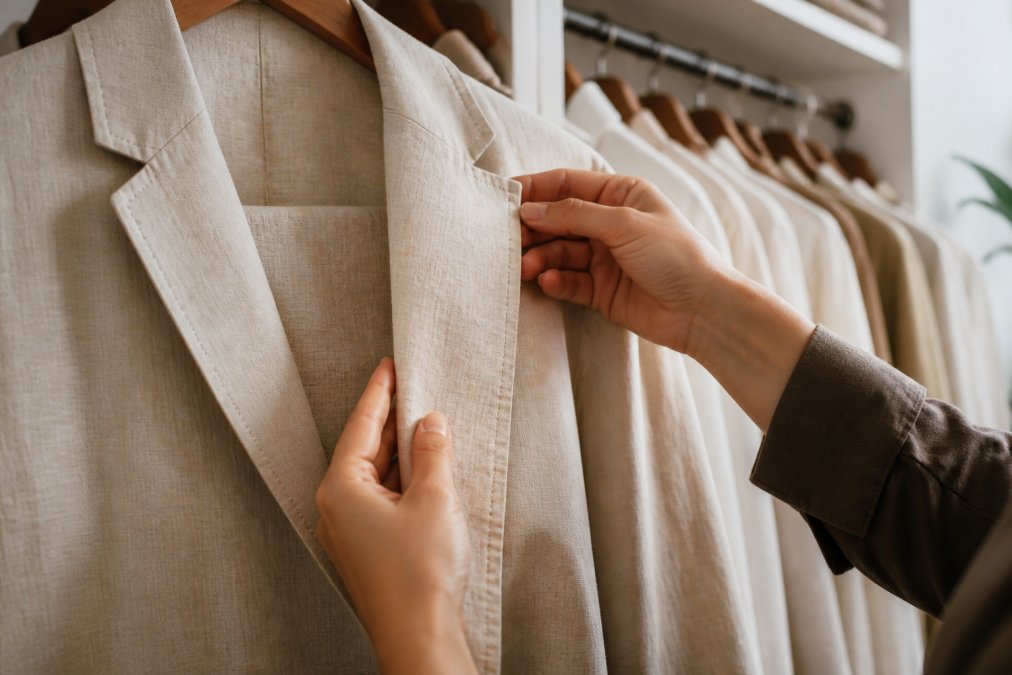 Close-up of hands inspecting the fine stitching and fabric texture of a tailored linen blazer on a hanger in a bright, minimal closet setting